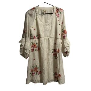 Fig & Flower White Embroidered Floral Dress Ruffle Long Sleeve PL